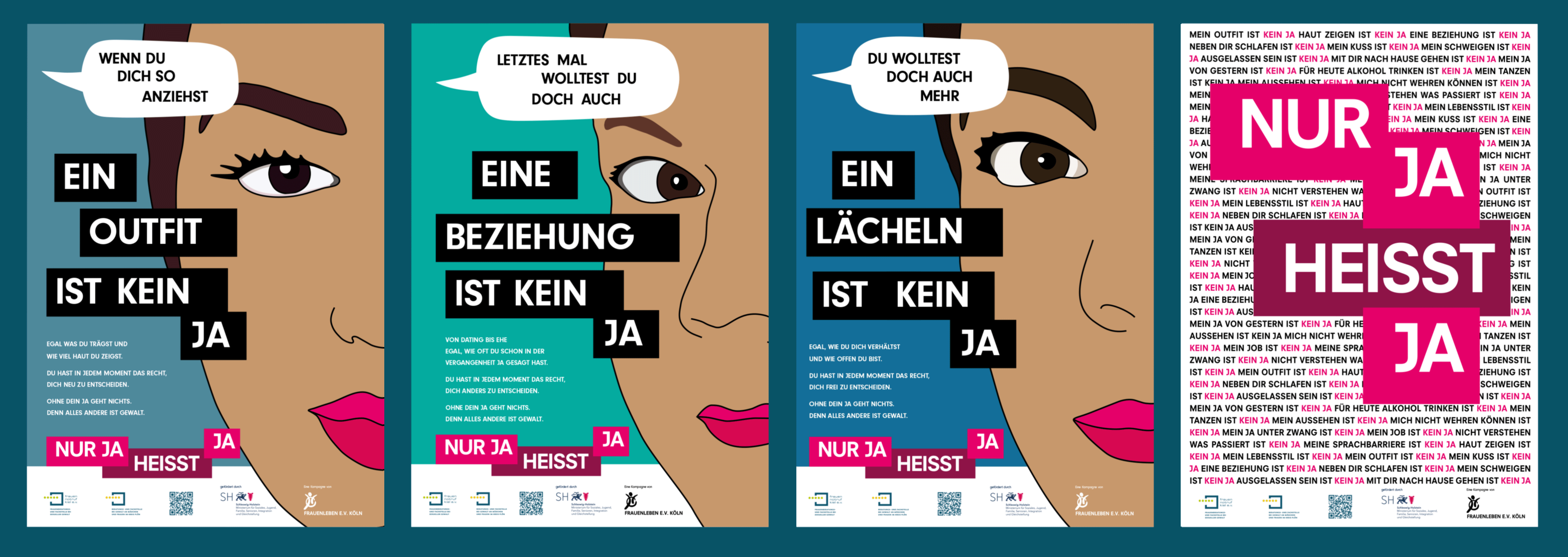 Alle vier Plakatmotive der Kampagne Nur Ja heisst Ja!